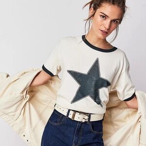 Free People Daydreamer Cream Tee with Navy Star Size L